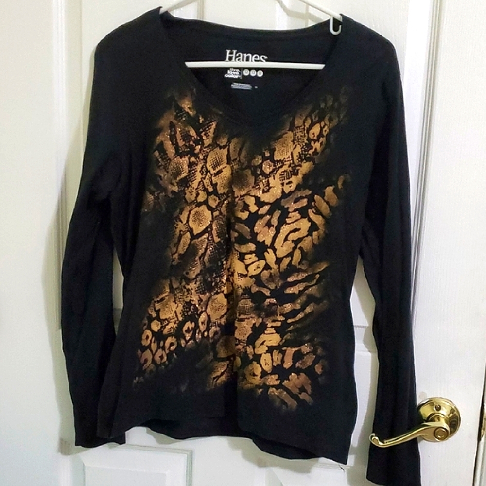 Hanes Black & Brown Animal Print Shiny Y2K Casual Long Sleeve Cotton Shirt M